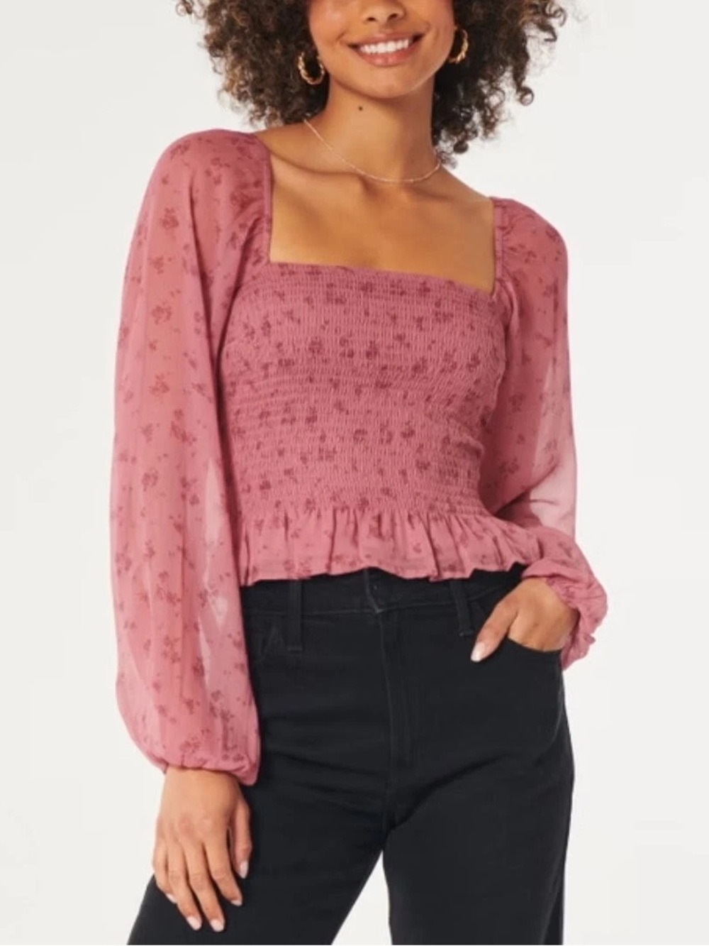 Hollister XS Smocked Floral Crop Top Pink Long Sleeve Cottagecore Peasant Blouse
